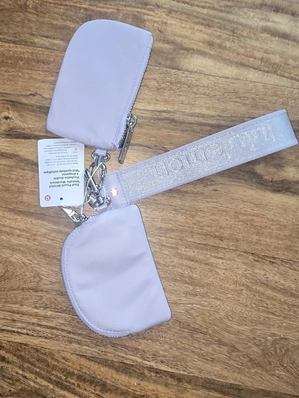 NWT Lululemon Double Pouch Wristlet with Strap In Metallic Wordmark